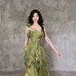 Irregular Ruffled Suspender Prom Dress Green Long Birthday Dress YM1628