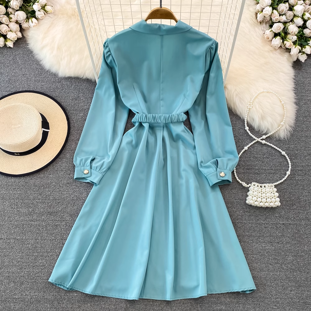 Vintage Bubble Long Sleeve Suit Collar A-Line Maxi Dress, YM239