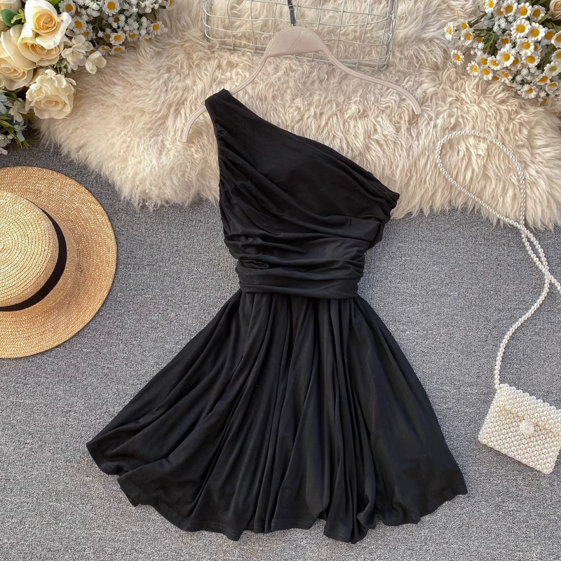 One Shoulder Pleated Long Sleeves Dress ,YM101