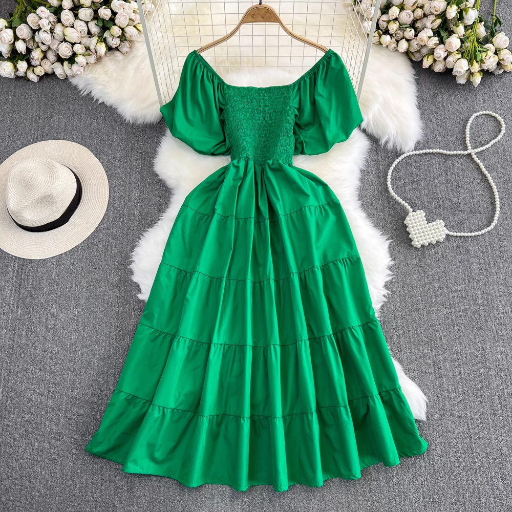 Bubble Short Sleeve Square Neck A-Line Dress Seaside Holiday Swing Long Dress , YM277