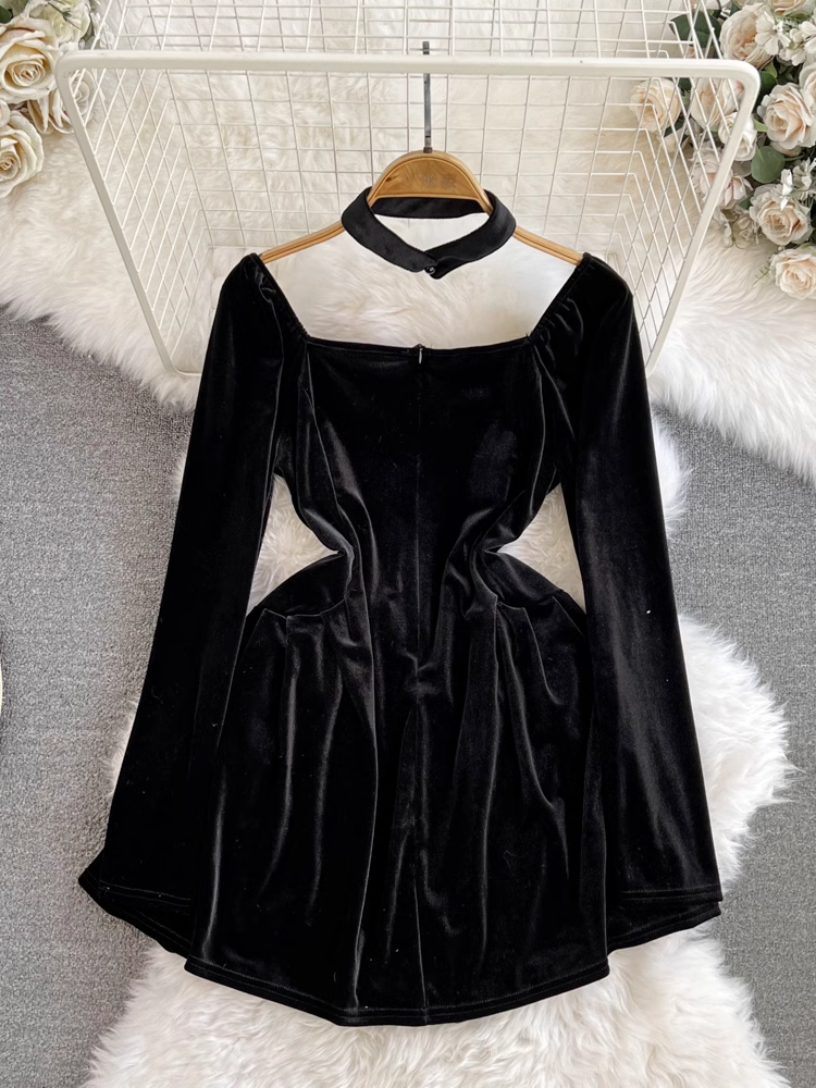 Black velvet square neck A-line dress YM996