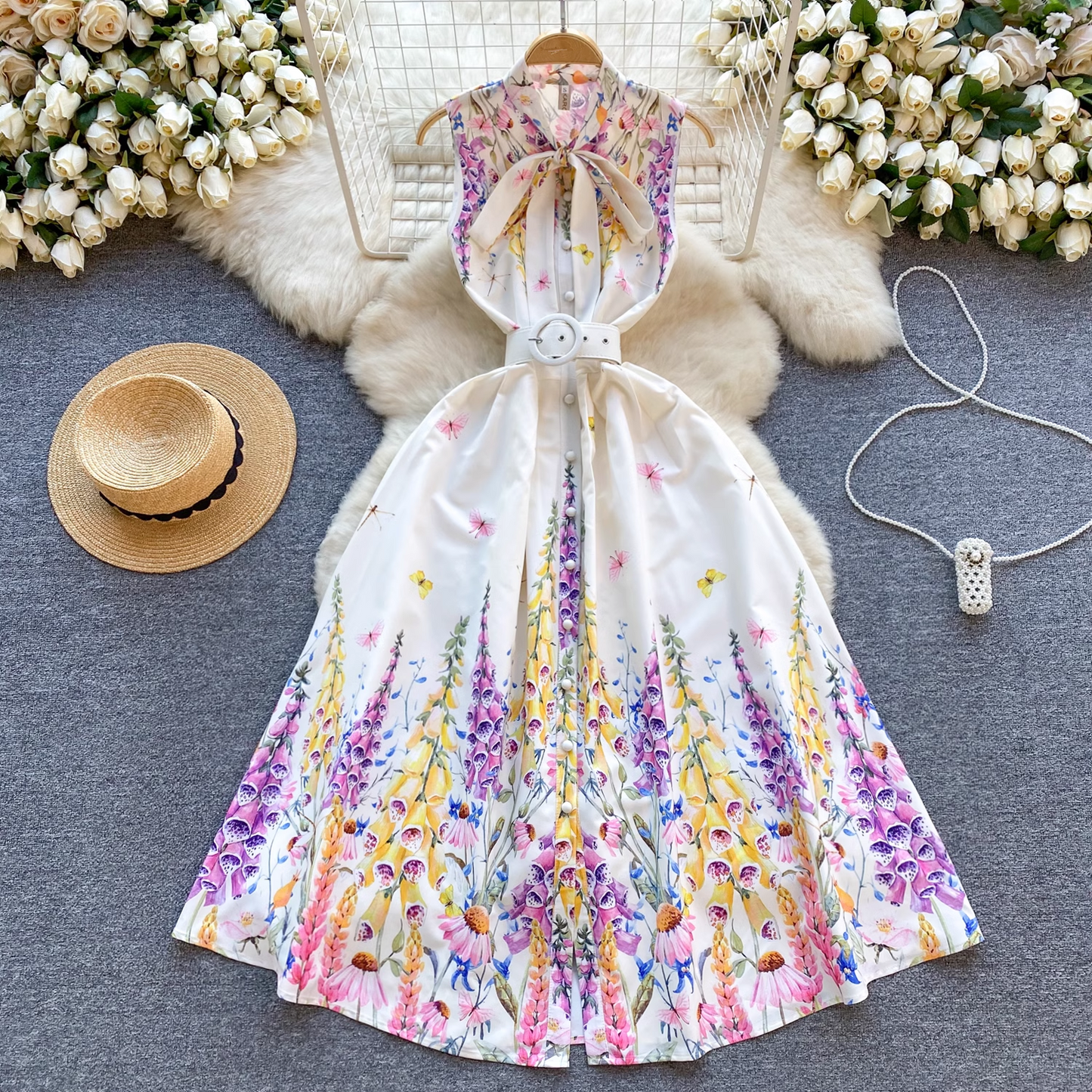 Printed holiday dress sweet bow collar sleeveless dress for women YM1208