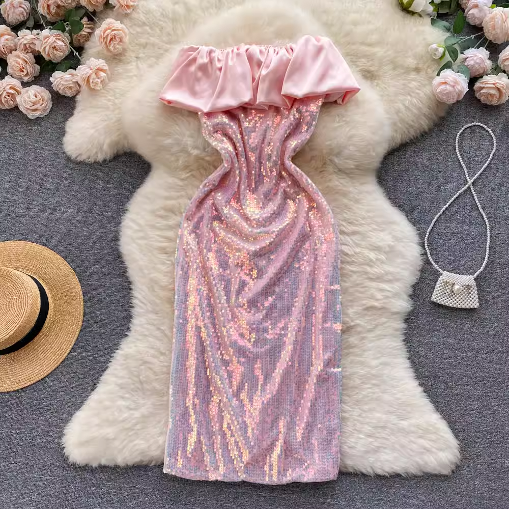 Pink Ruffle Neckline Sequins Dress  ,YM59