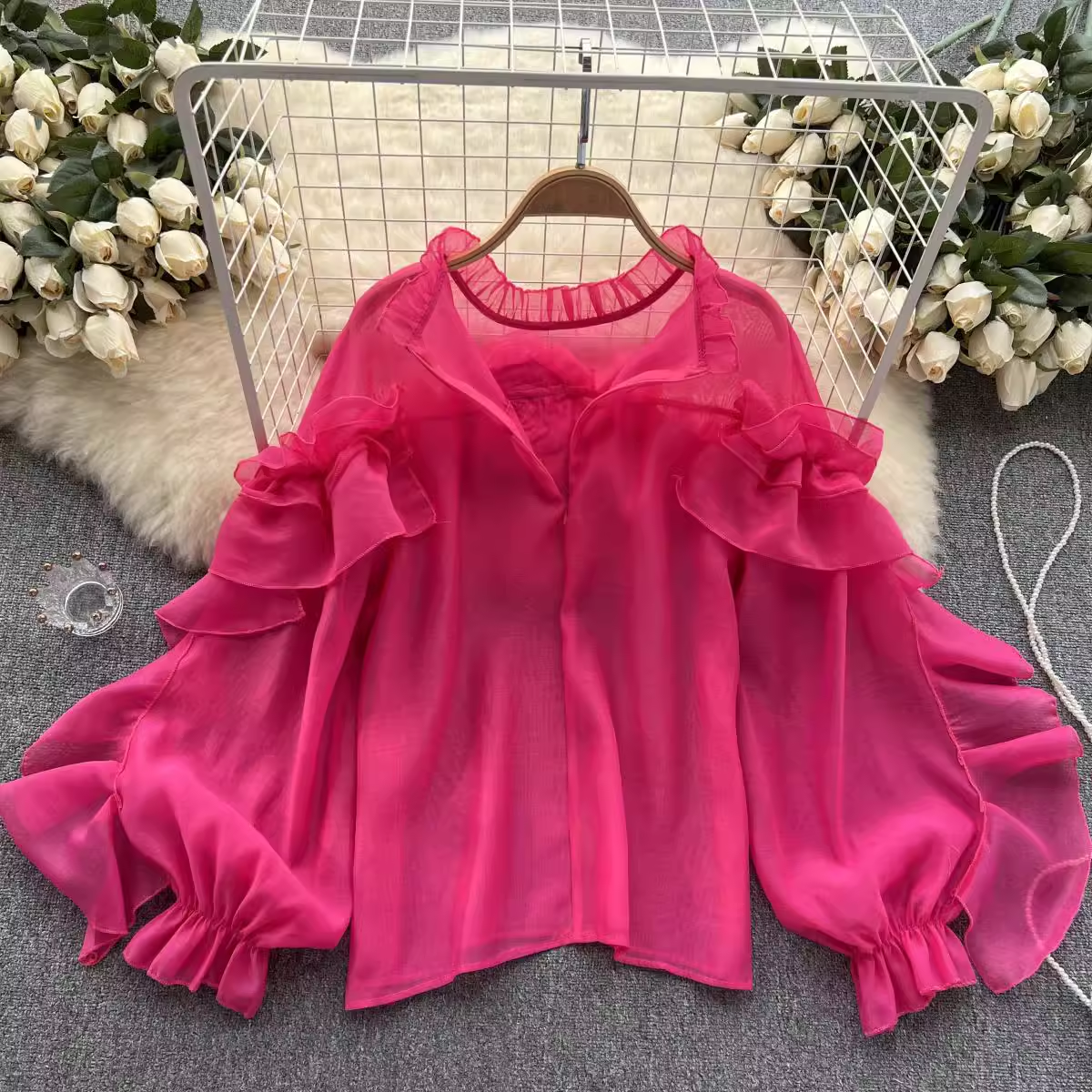 women's irregular ruffled mesh blouses ,YM146