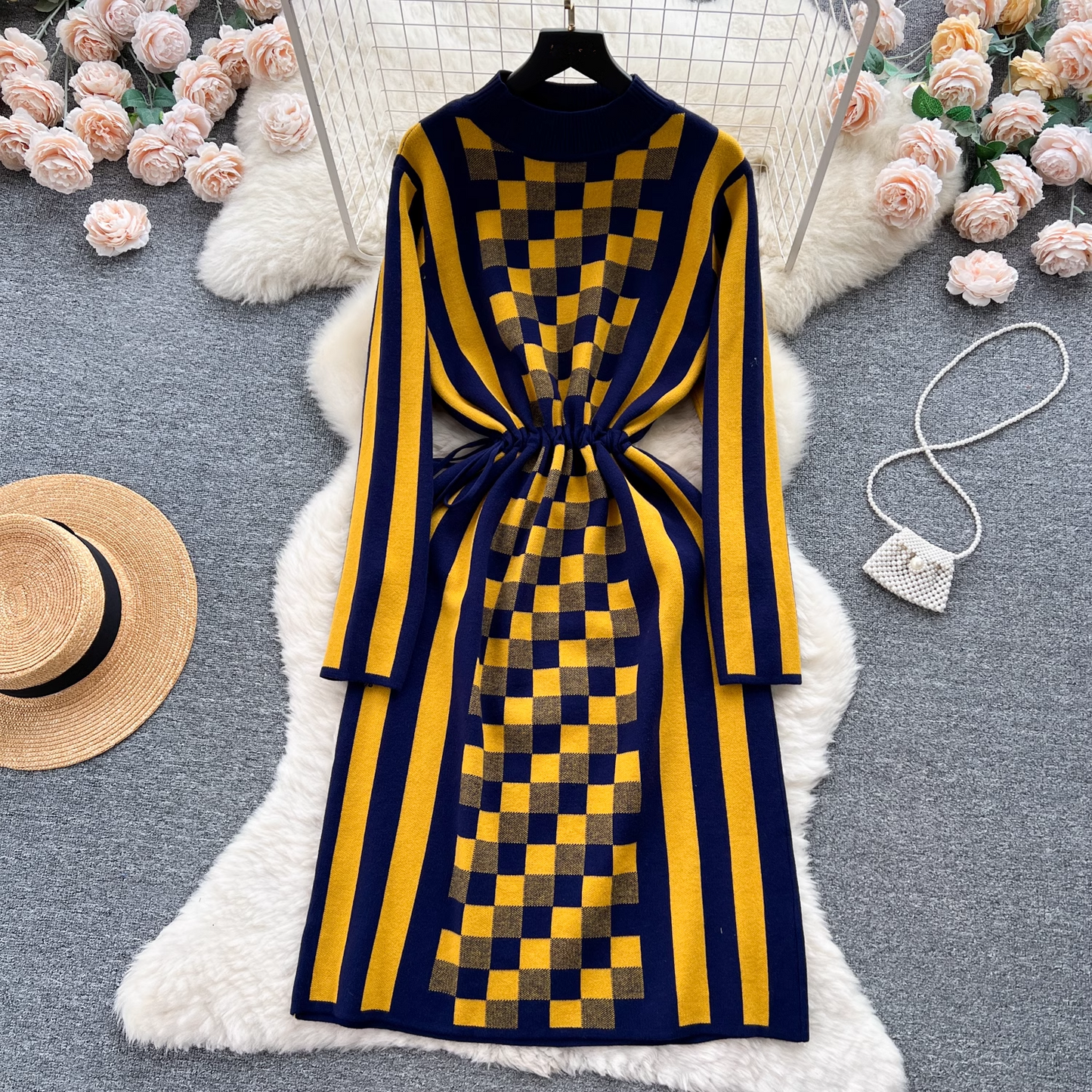 New women's design color-blocked checkerboard drawstring waist long-sleeved knitted dress for women YM617