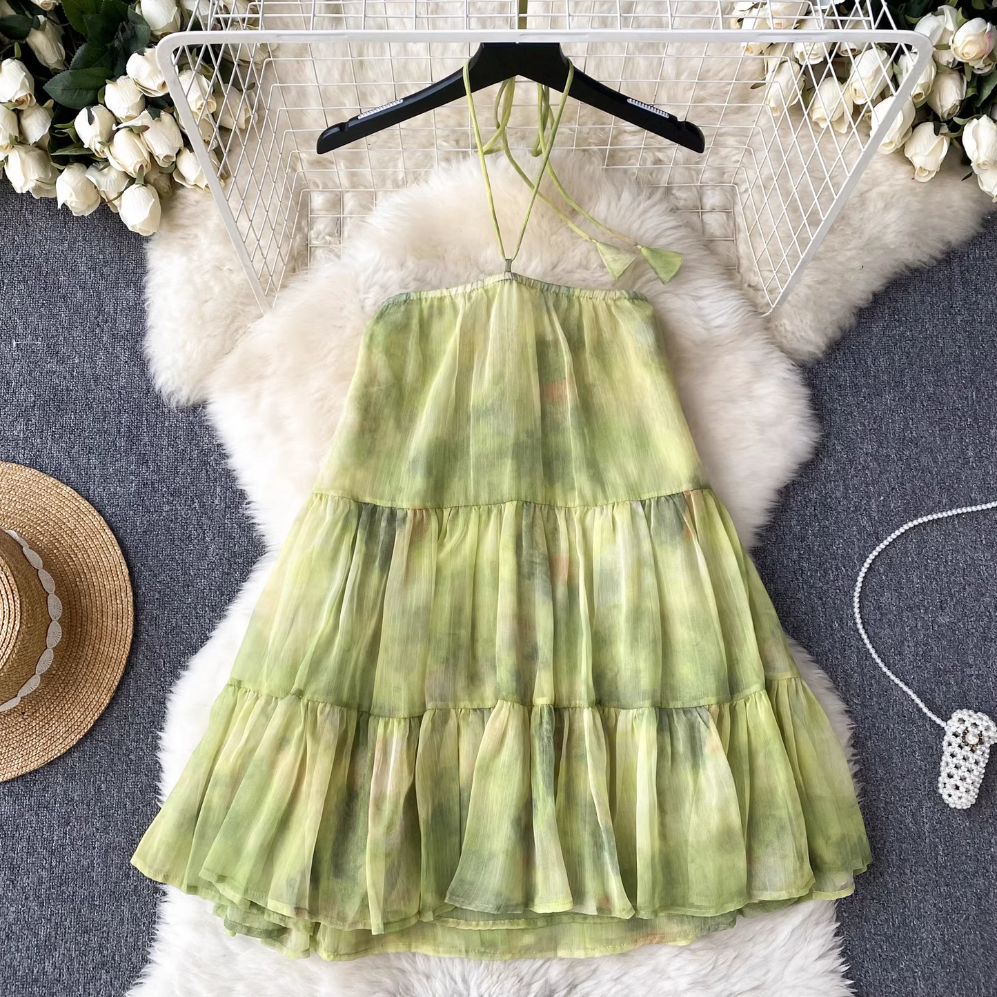 Summer holiday style chiffon halter neck blooming print dress YM308