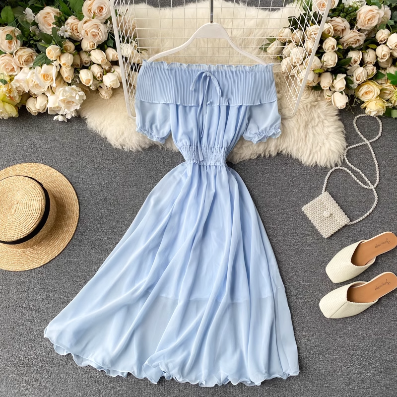 Pleated Ruffle Collar Strapless Chiffon Dress,YM104