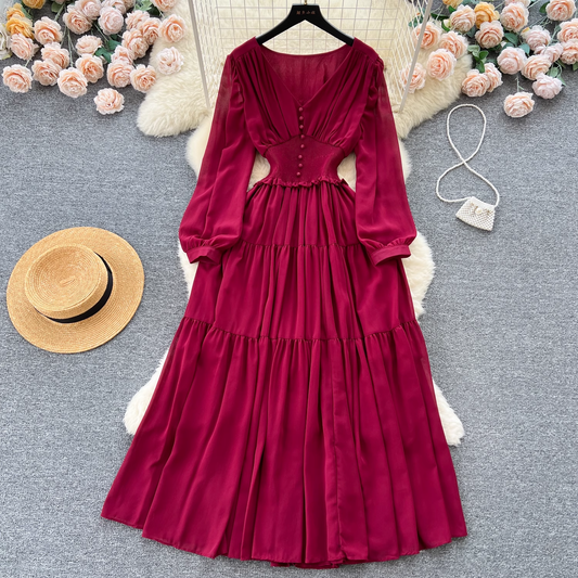 Elegant V-neck long-sleeved waist chiffon dress YM305