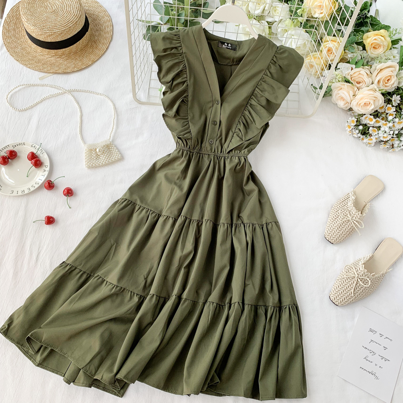 Vintage V-neck ruffled sleeveless Summer Dress, YM86