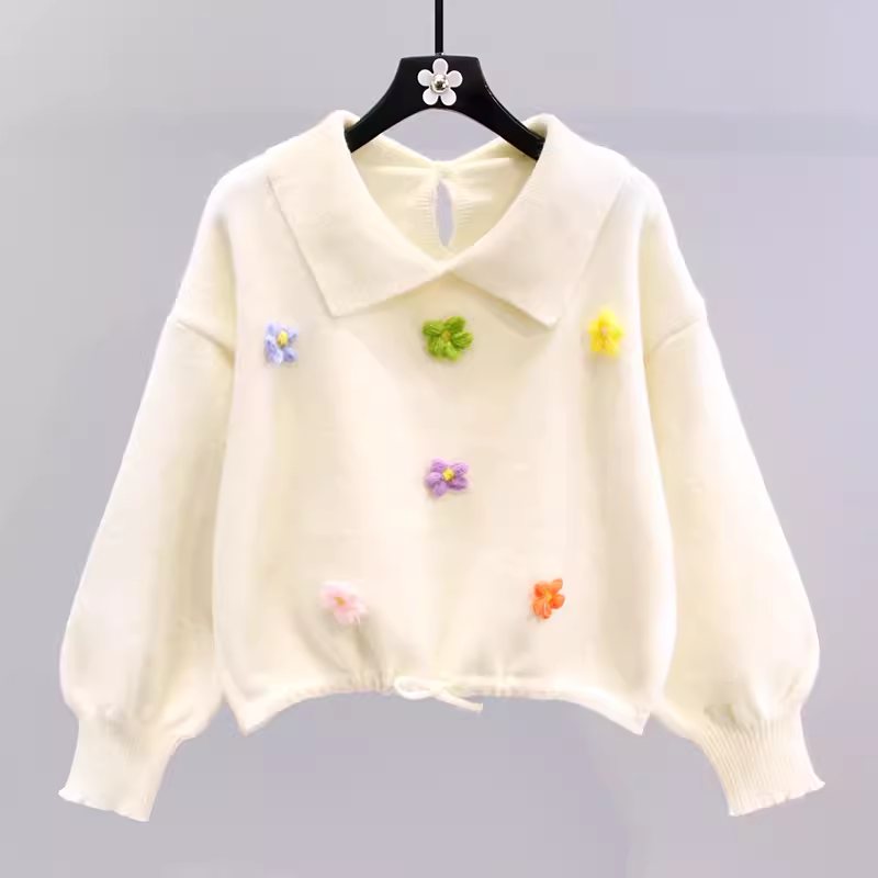 Baby doll collar three-dimensional flower sweater YM672