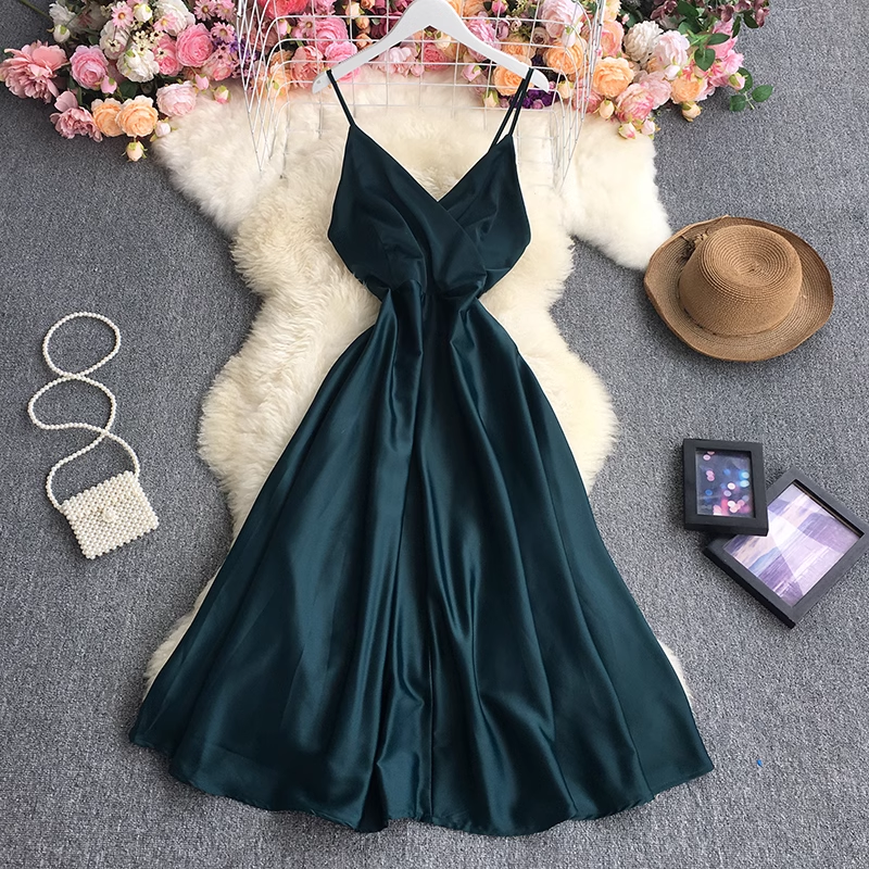 A-line V Neck Pure Color Dress  YM528