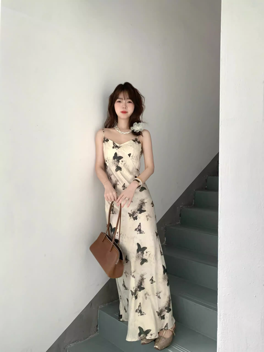 Sexy Strap Butterfly Print Satin Party Dress Long Dress YM1793