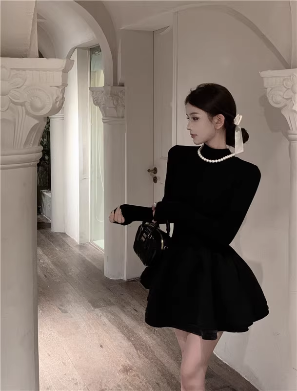 Black Long Sleeve Puffy Little Black Dress Christmas Dress YM1778