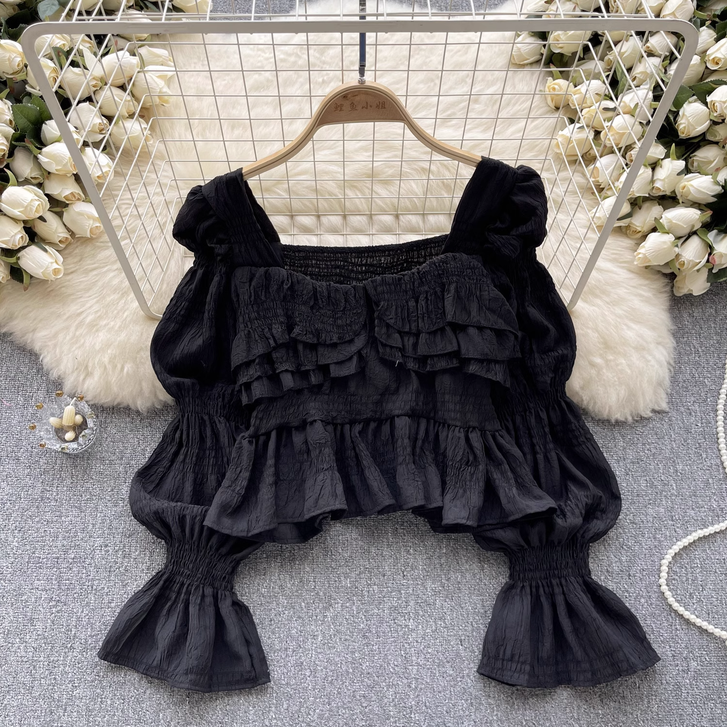 women's autumn ruffled square collar puff sleeve blouses YM348