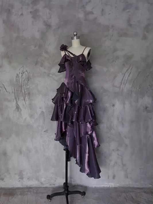 Irregular Ruffled Suspender Prom Dress Dark Purple Long Birthday Dress YM1629