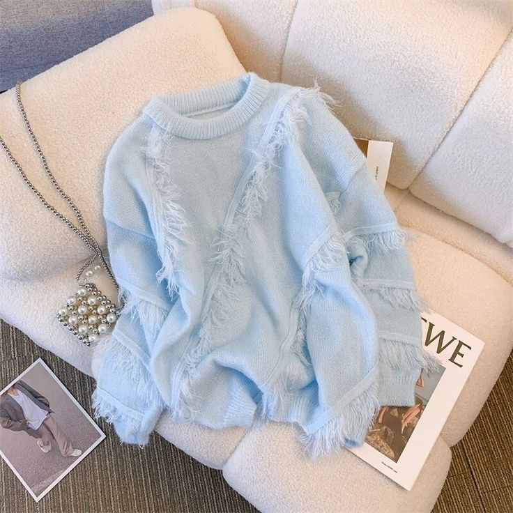 Tassel O-neck Blue Sweater New Women's Fashion Pure Color Pullover Sweater YM1935