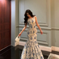 Pretty Blue Floral Ruffle Long Prom Dress Mermaid Party Dress YM1705