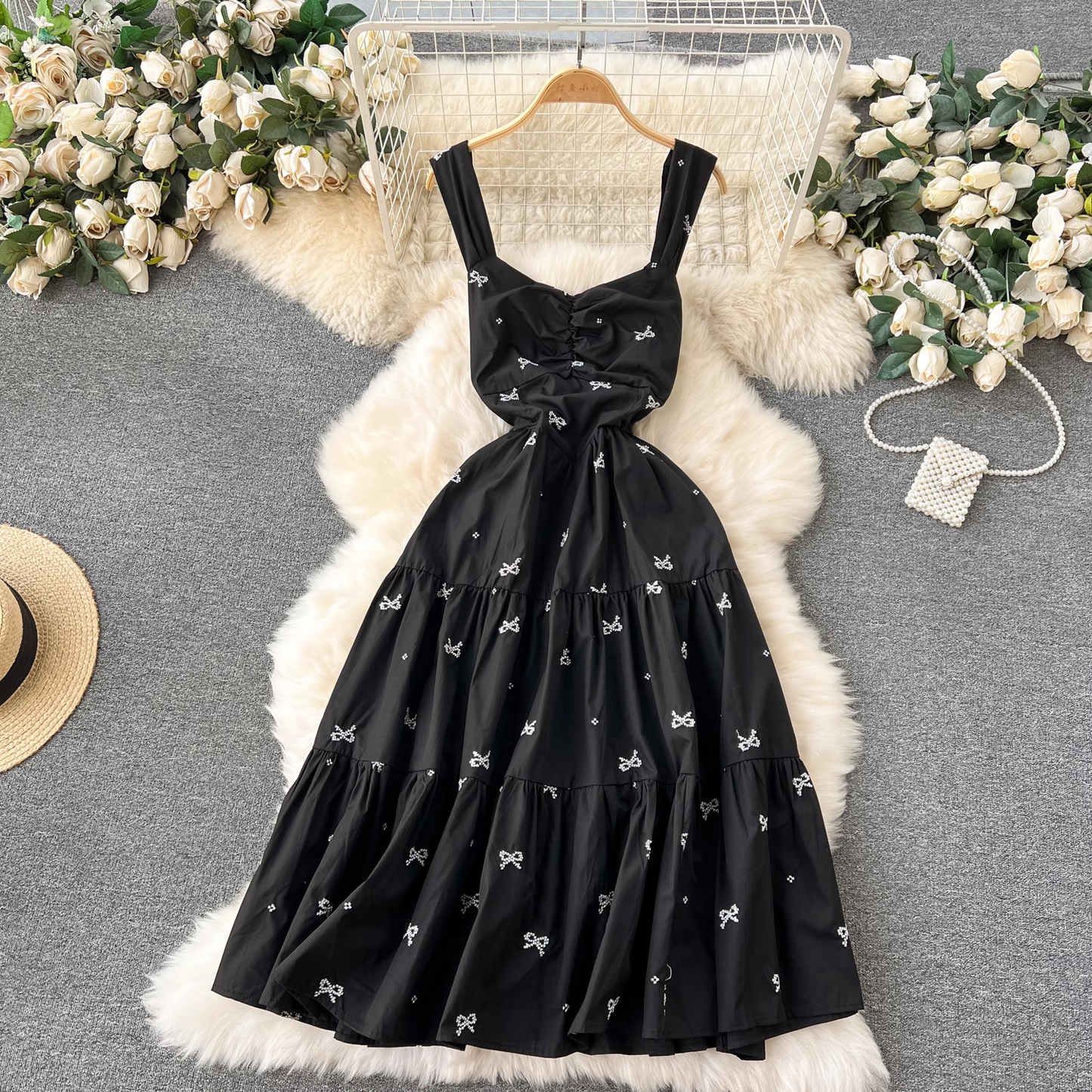 Embroidered bow tie mid-length resort style suspender dress  YM1203