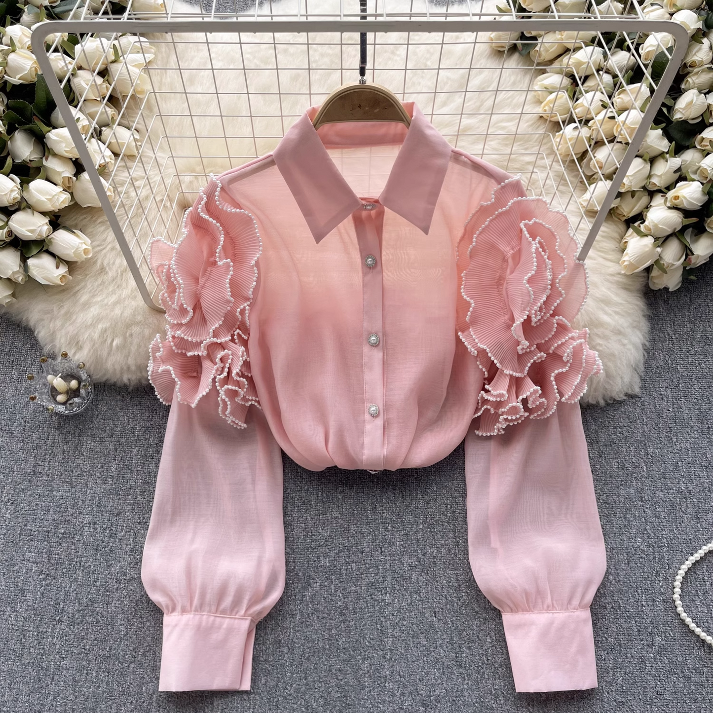 women's summer three-dimensional flower long sleeve mesh blouses YM353