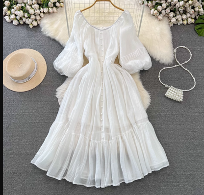 Retro palace-style lantern long-sleeved V-neck waist slimming A-line white dress elegant long skirt YM846