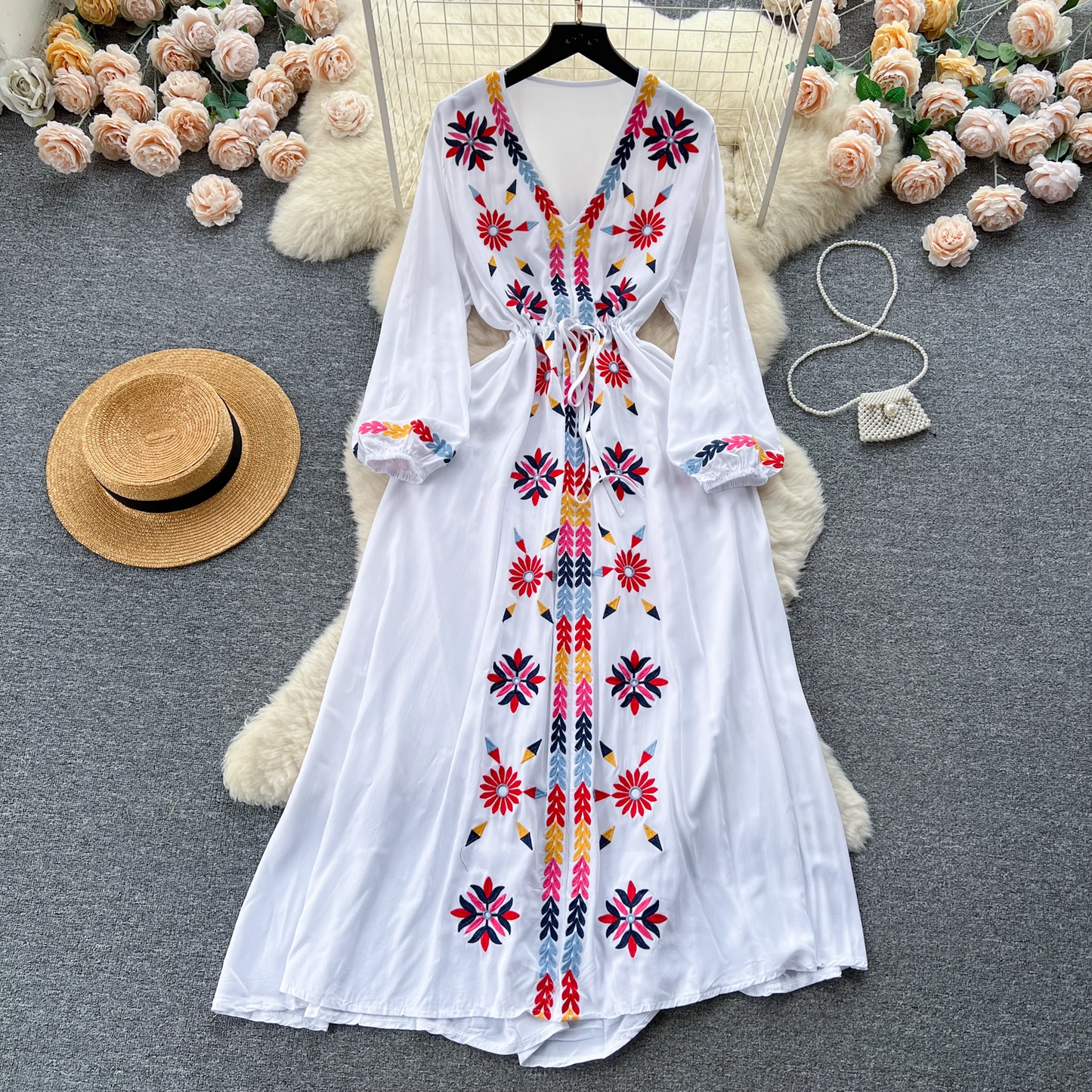 Embroidered V-neck drawstring waist dress for women retro ethnic style holiday dress YM558