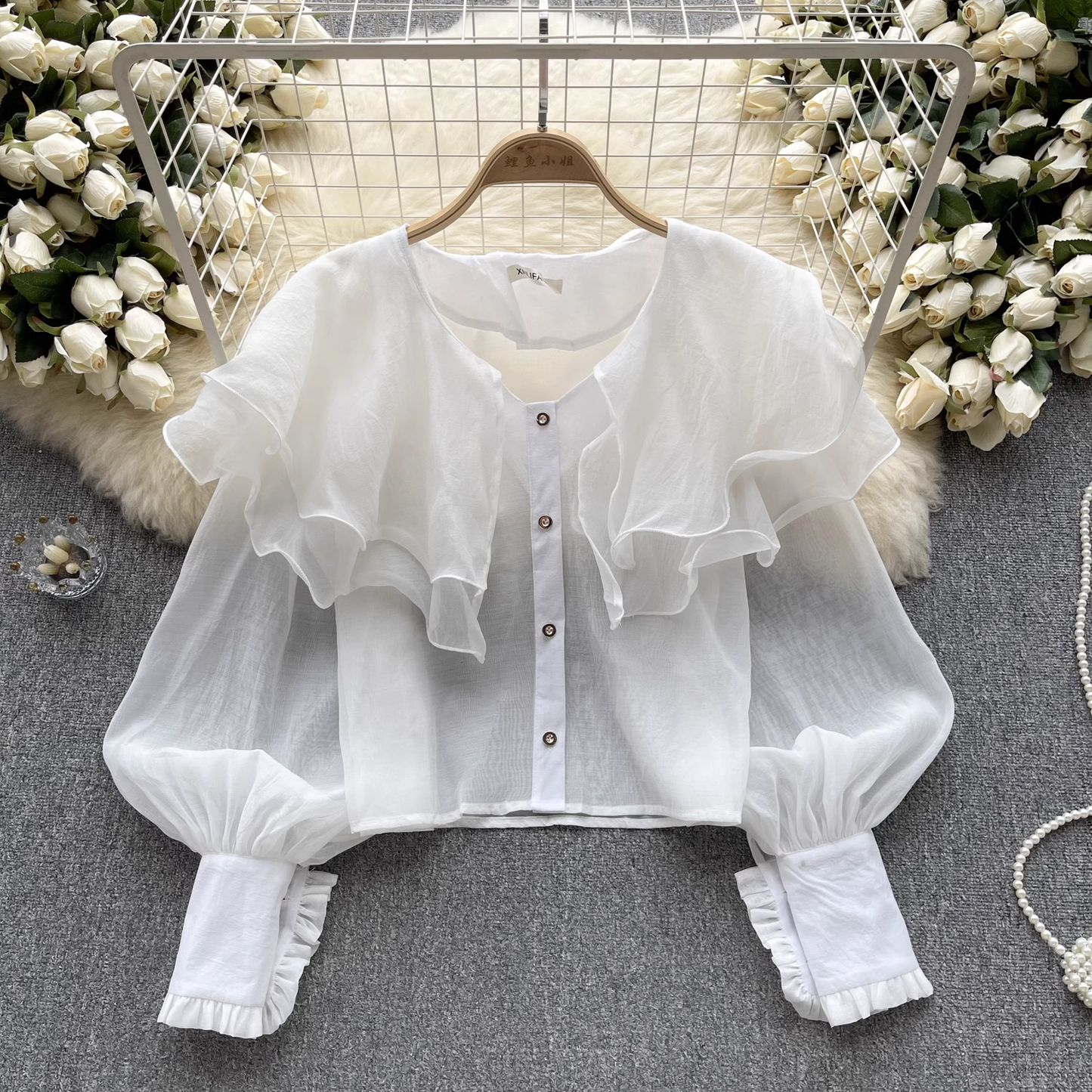 Women's autumn ruffled mesh shirt with lantern sleeves blouses  YM492