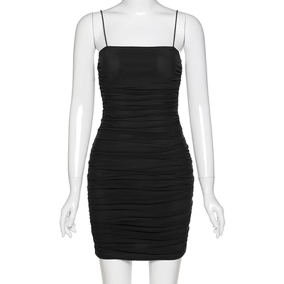 Pleated sexy tight stretch mesh suspender dress YM461