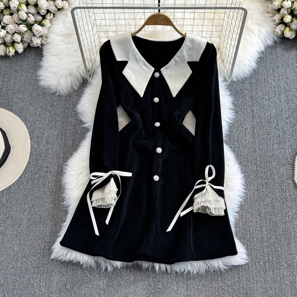 Contrast color doll collar a-line corduroy dress YM910