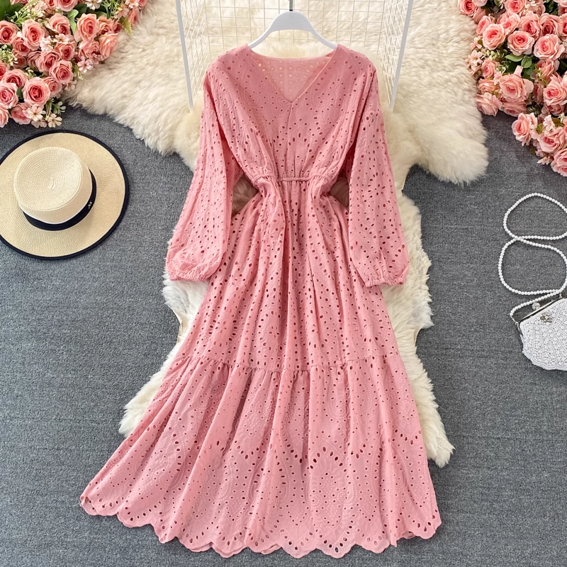 V-neck hollow embroidery summer dress ,YM180