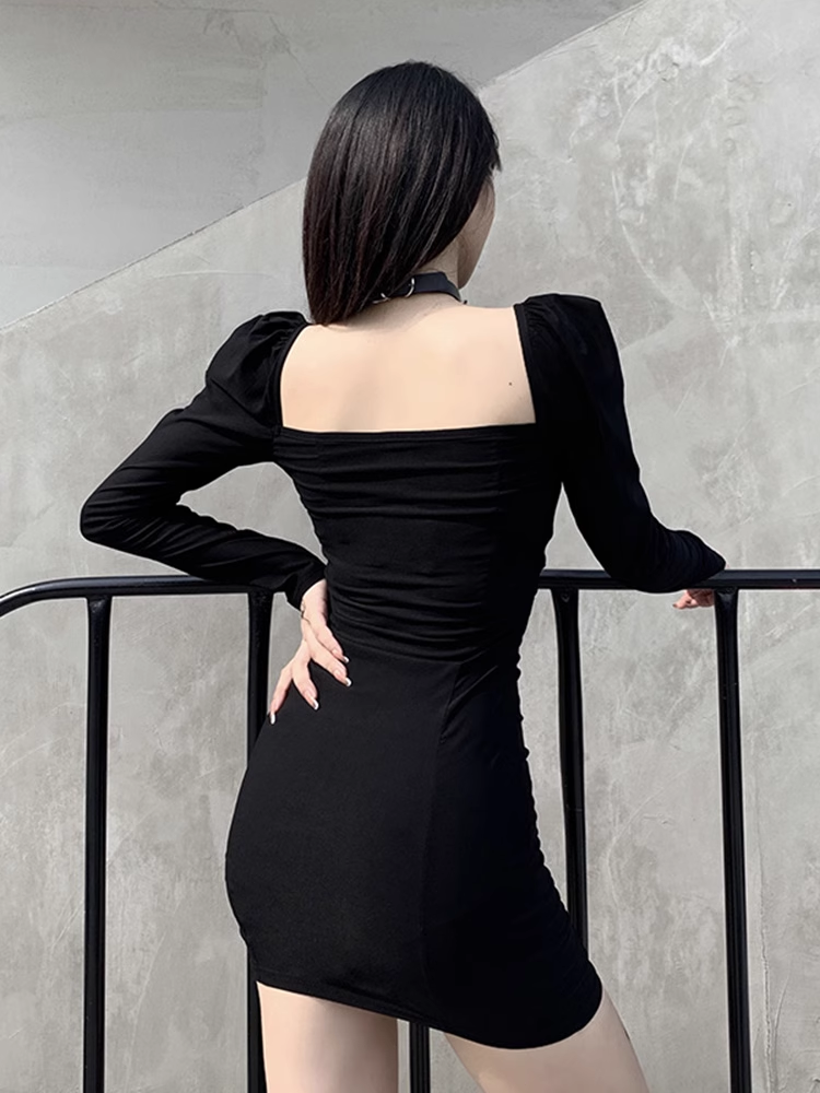 Women's square collar black slim dress YM730