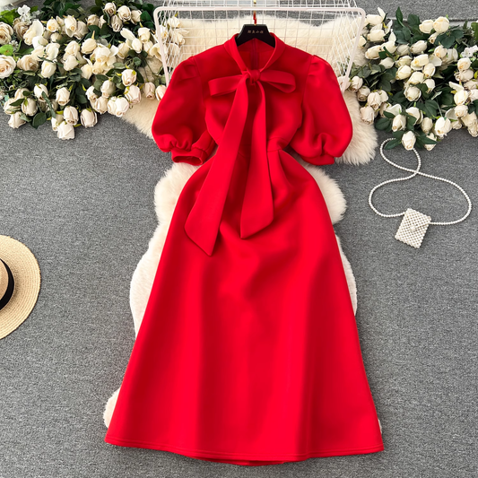 Vintage Bow Tie Puff Sleeve Dress YM453