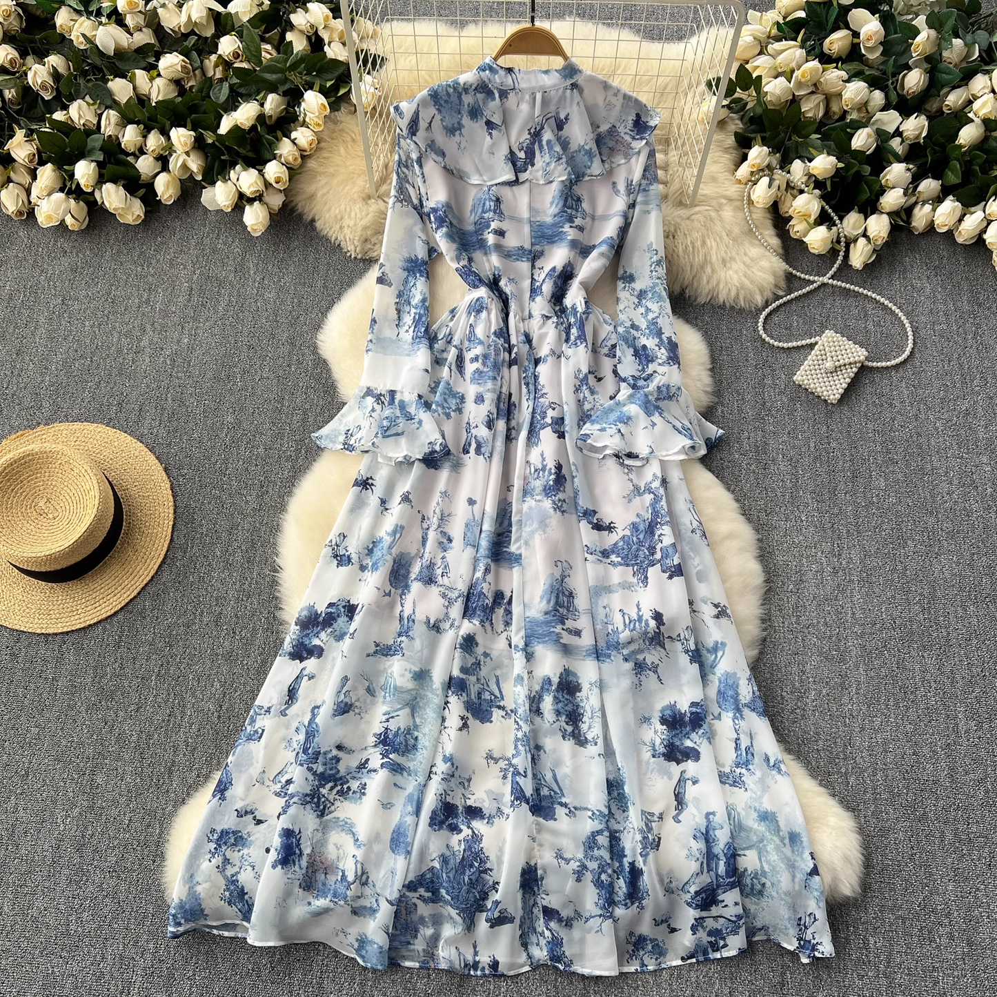 Retro elegant ink print chiffon dress YM1087