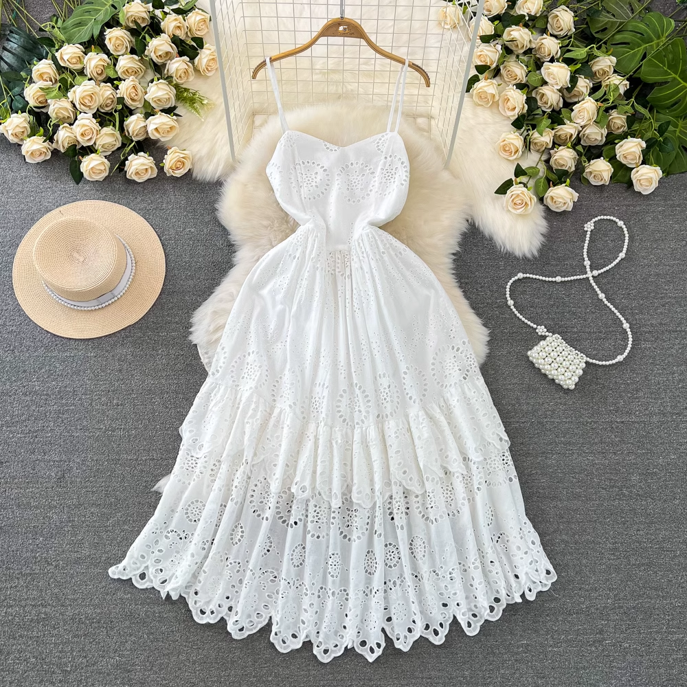 Mid-length a-line hollow white dress bohemian seaside vacation beach dress YM899