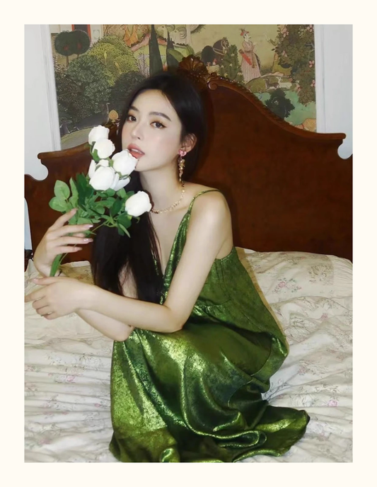 Green V-neck suspender dress YM1482