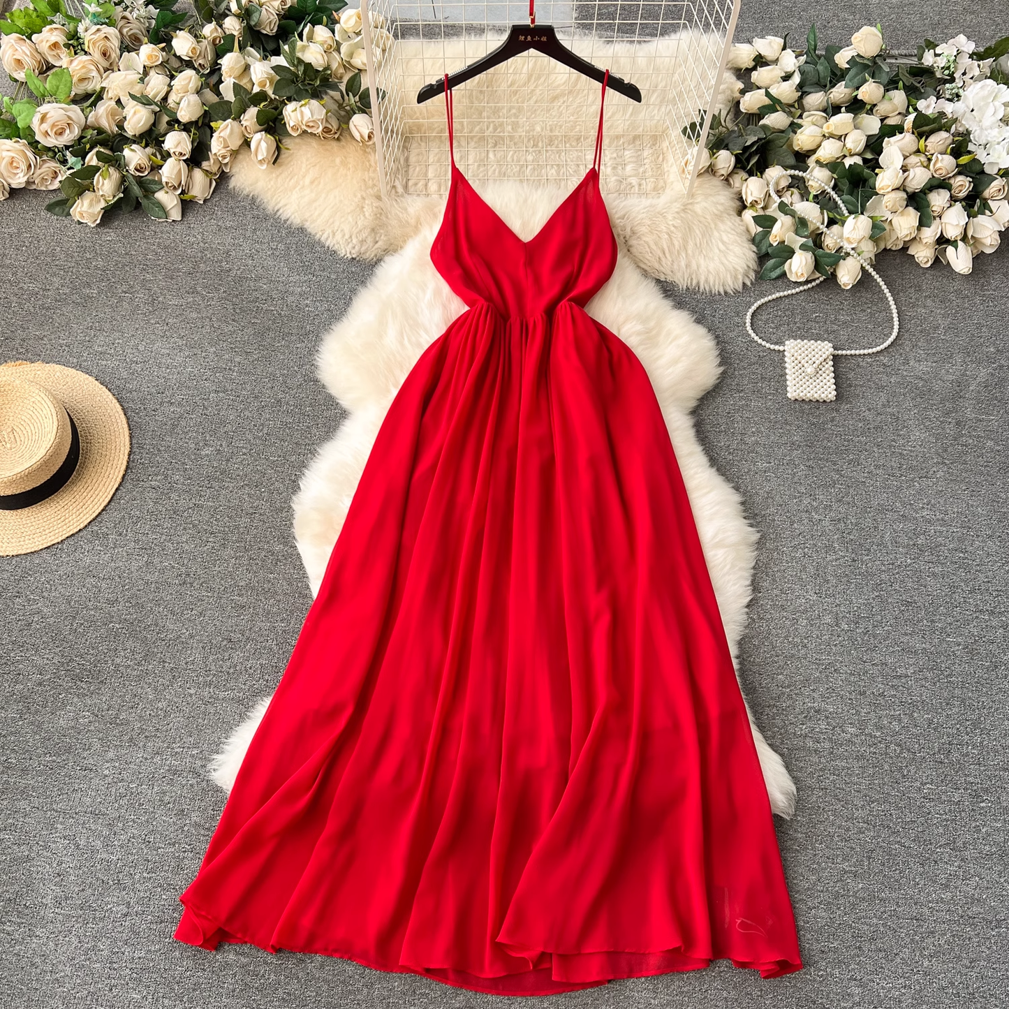 Red V-neck suspender chiffon long dress  YM1197