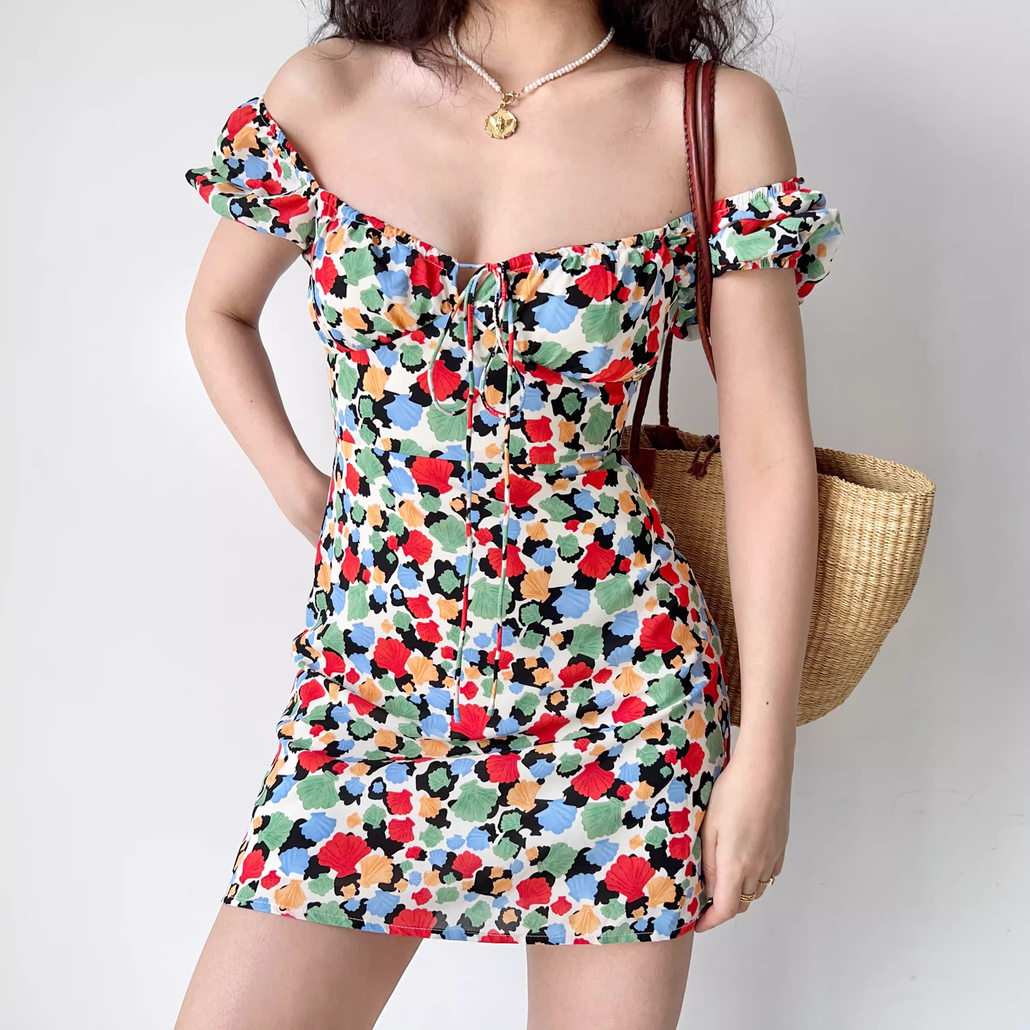 Printed tie square neck bubble dress  YM1310