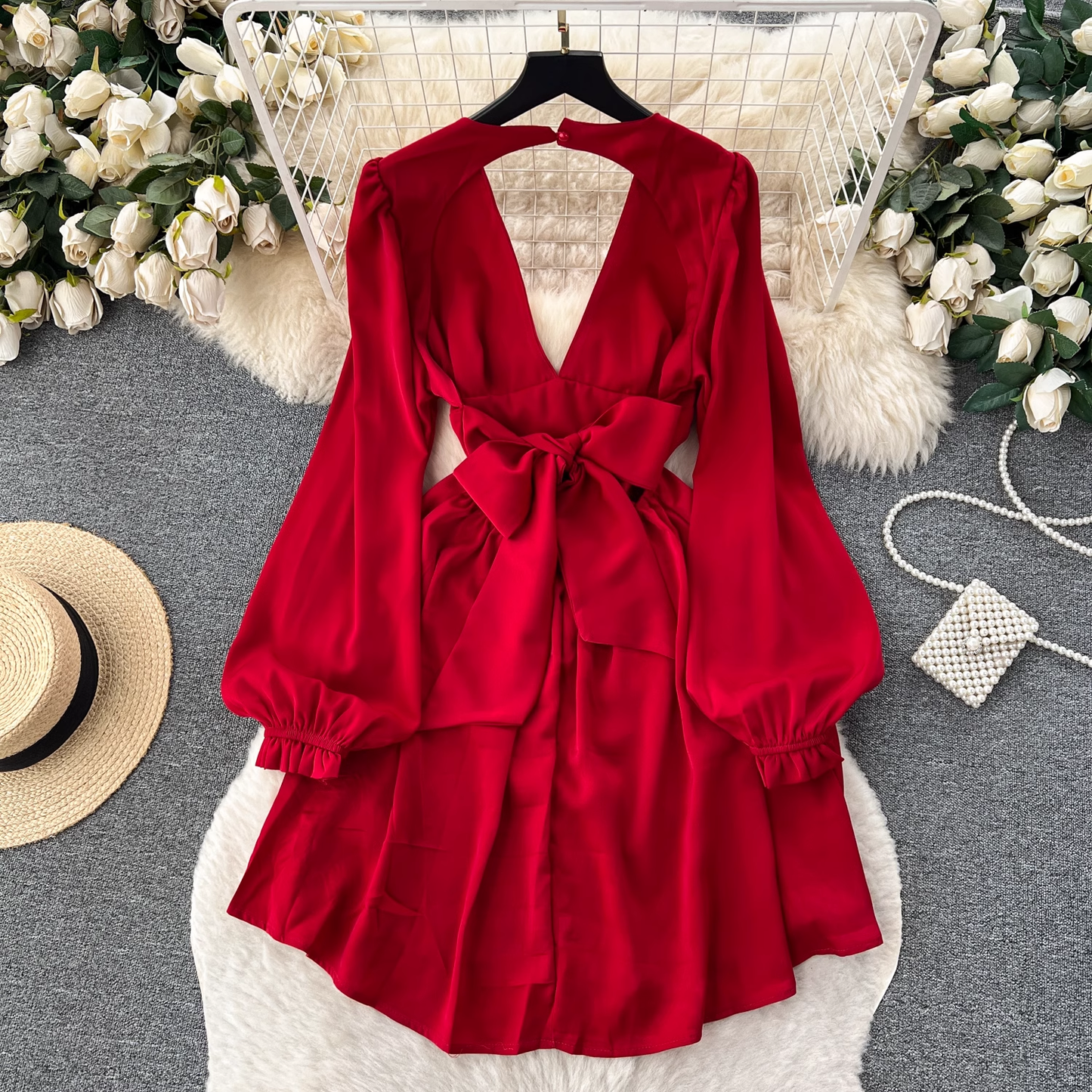 Deep V-neck low-cut backless puff-sleeve dress YM539