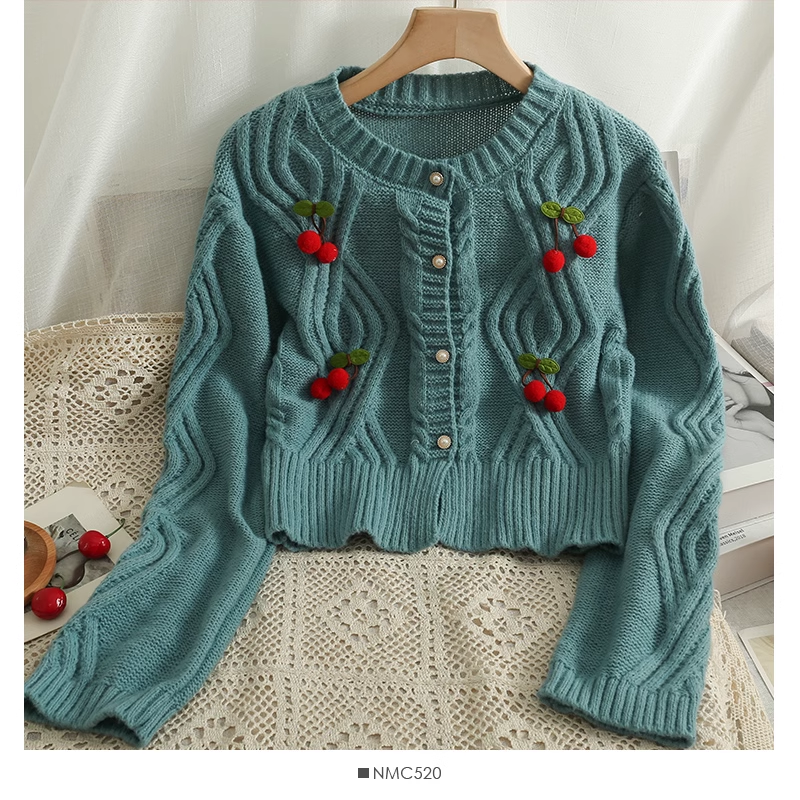 Sculpted Cherry Single-Breasted Cardigan Cropped Sweater YM376