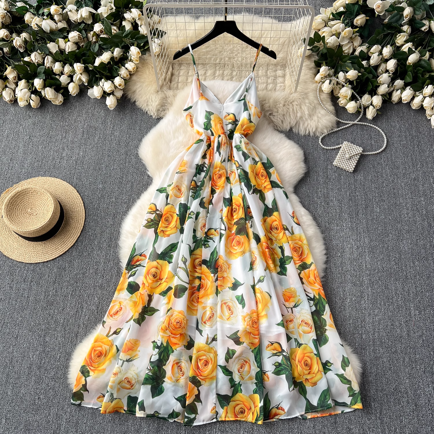 Summer new style French retro elegant printed suspender long dress   YM1106