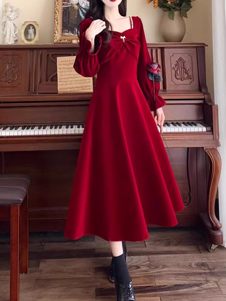 red velvet dress autumn and winter YM712