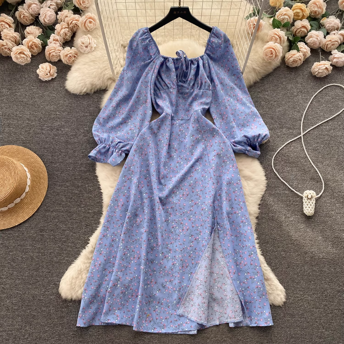 Floral Square Neck Puff Sleeve Dress YM397