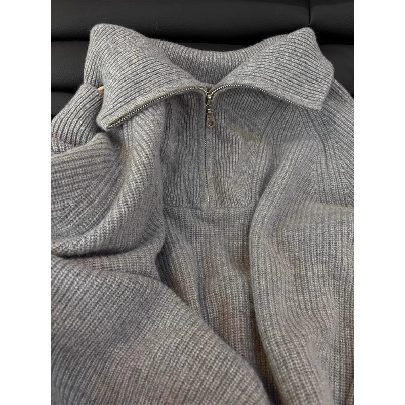 Gray Thick Loose Lapel Pullover Half Zip Sweater YM1872