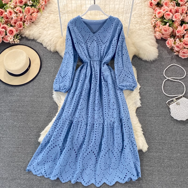 V-neck hollow embroidery summer dress ,YM180