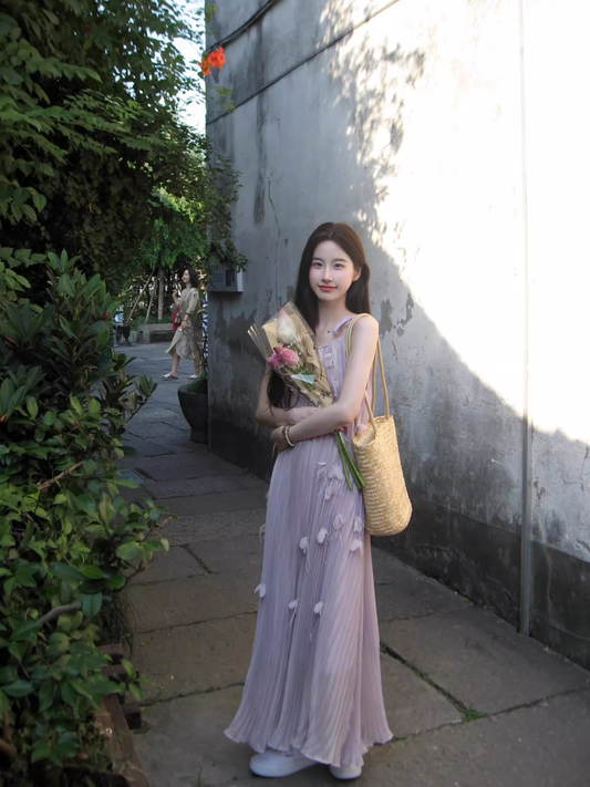 Gentle Style Long Dress Straps Three-Dimensional Flower Fairy Purple Prom Dress YM1656