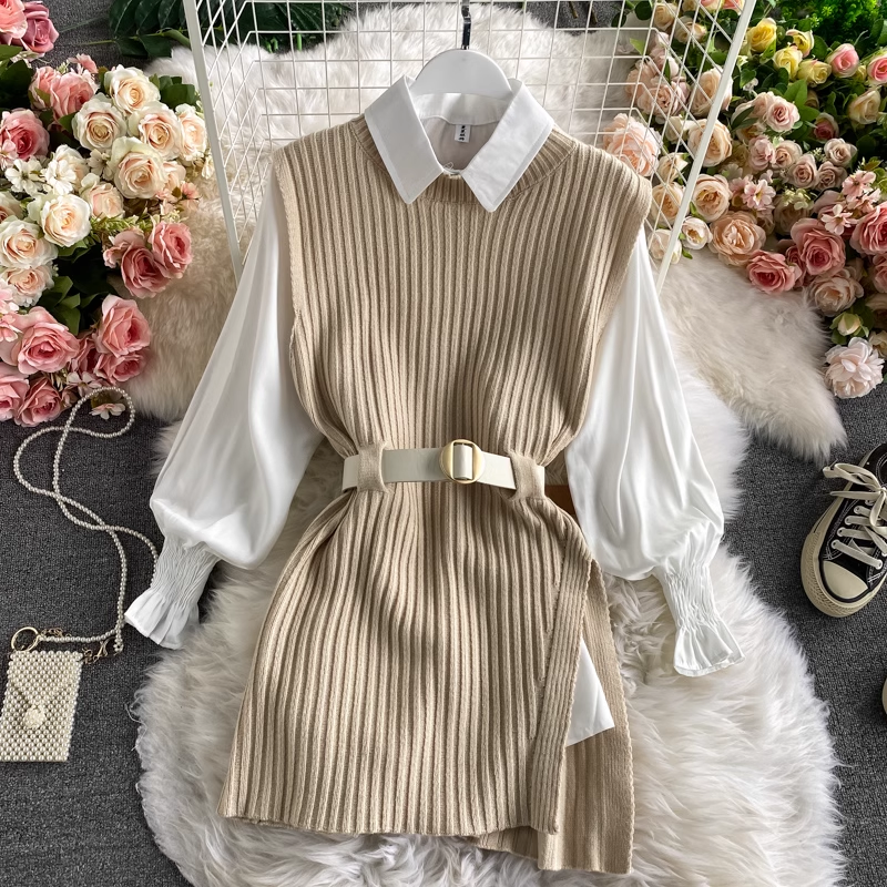 Long Shirt Tie Knit Vest Two-Piece Set, YM259