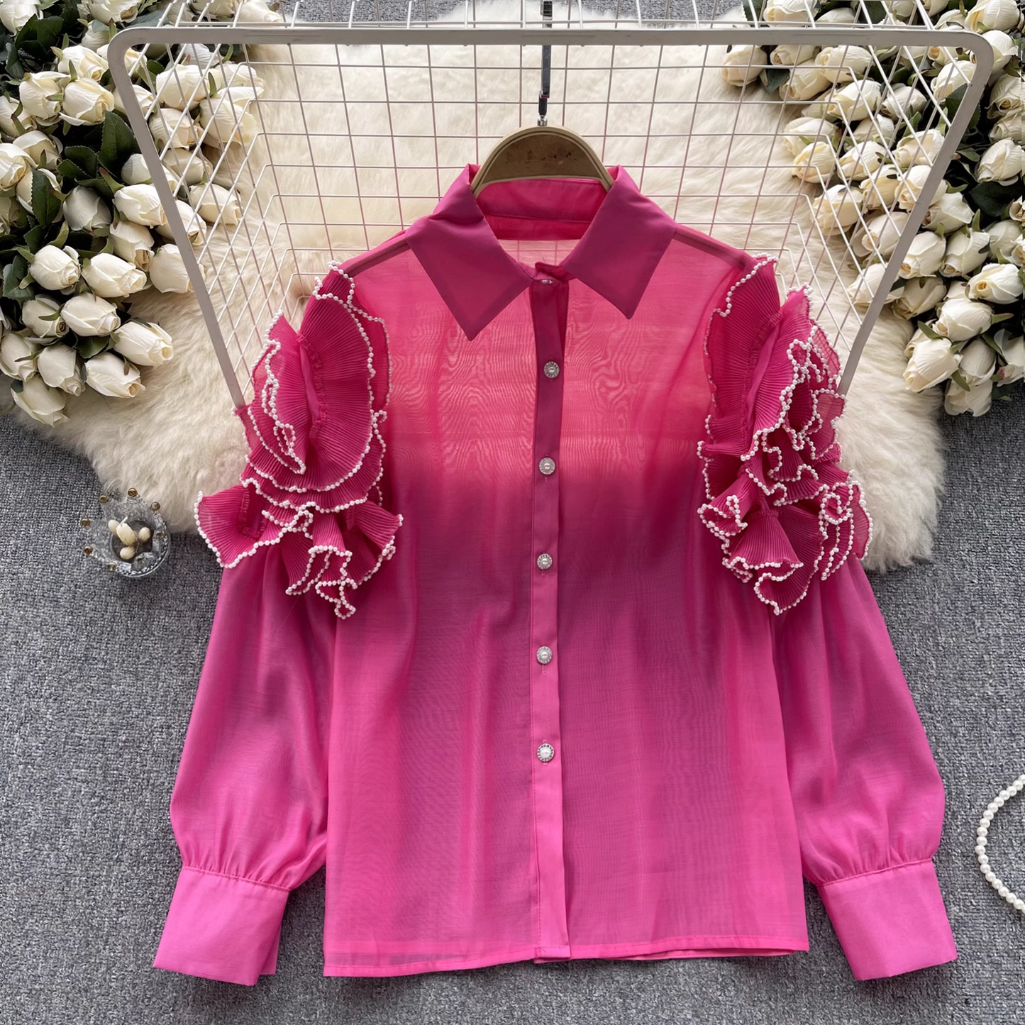 women's summer three-dimensional flower long sleeve mesh blouses YM353