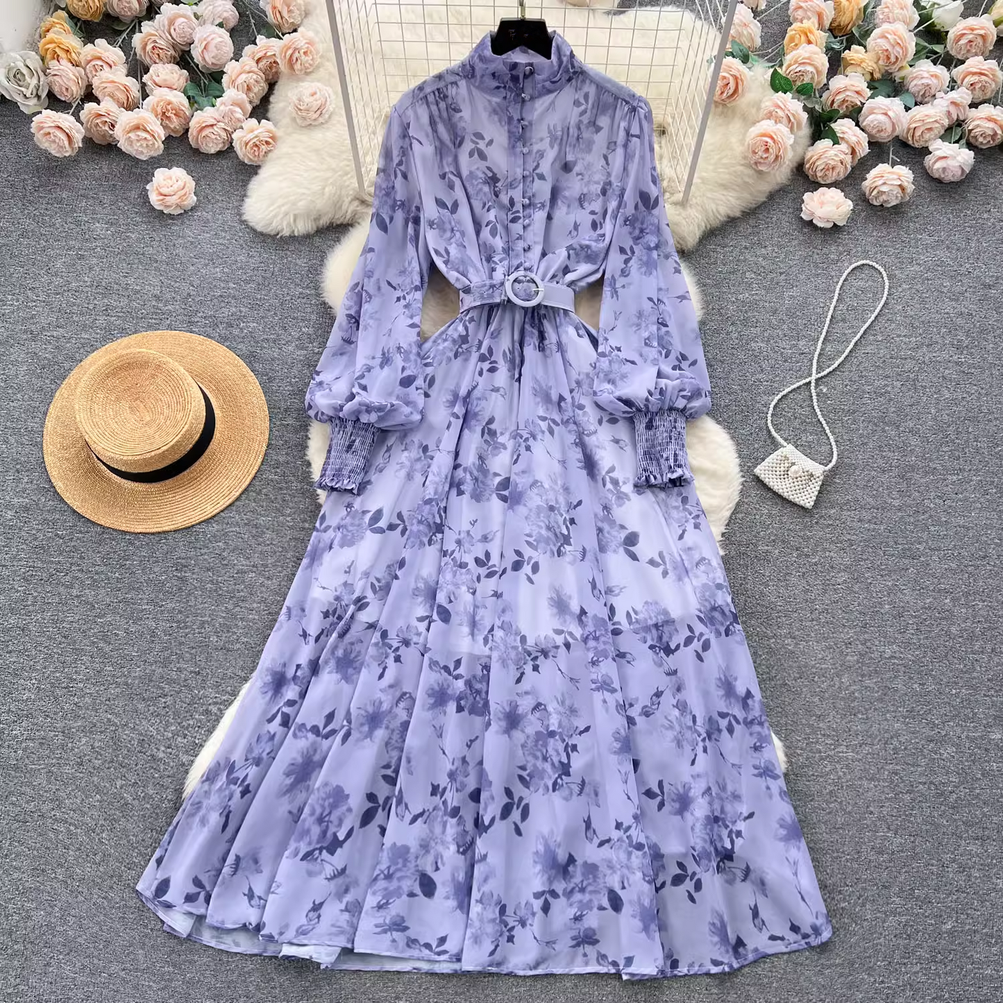 Floral dress with chiffon puffed sleeves YM623