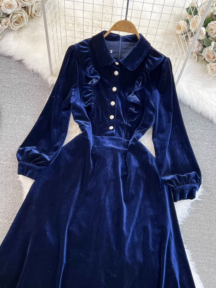 Long sleeve lapel a-line velvet dress YM990