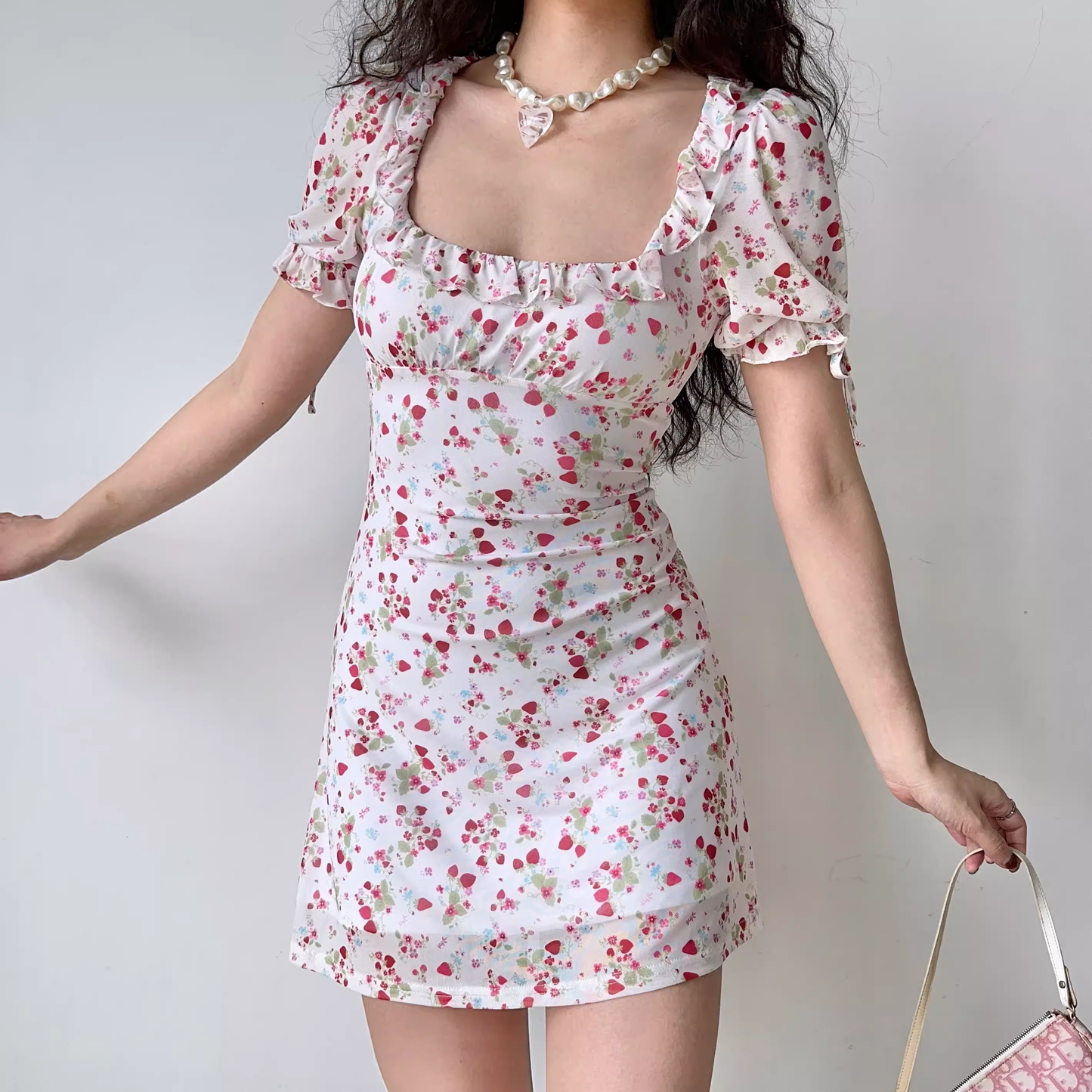 Retro Strawberry Floral Square Neck Short Sleeve Dress  YM1367