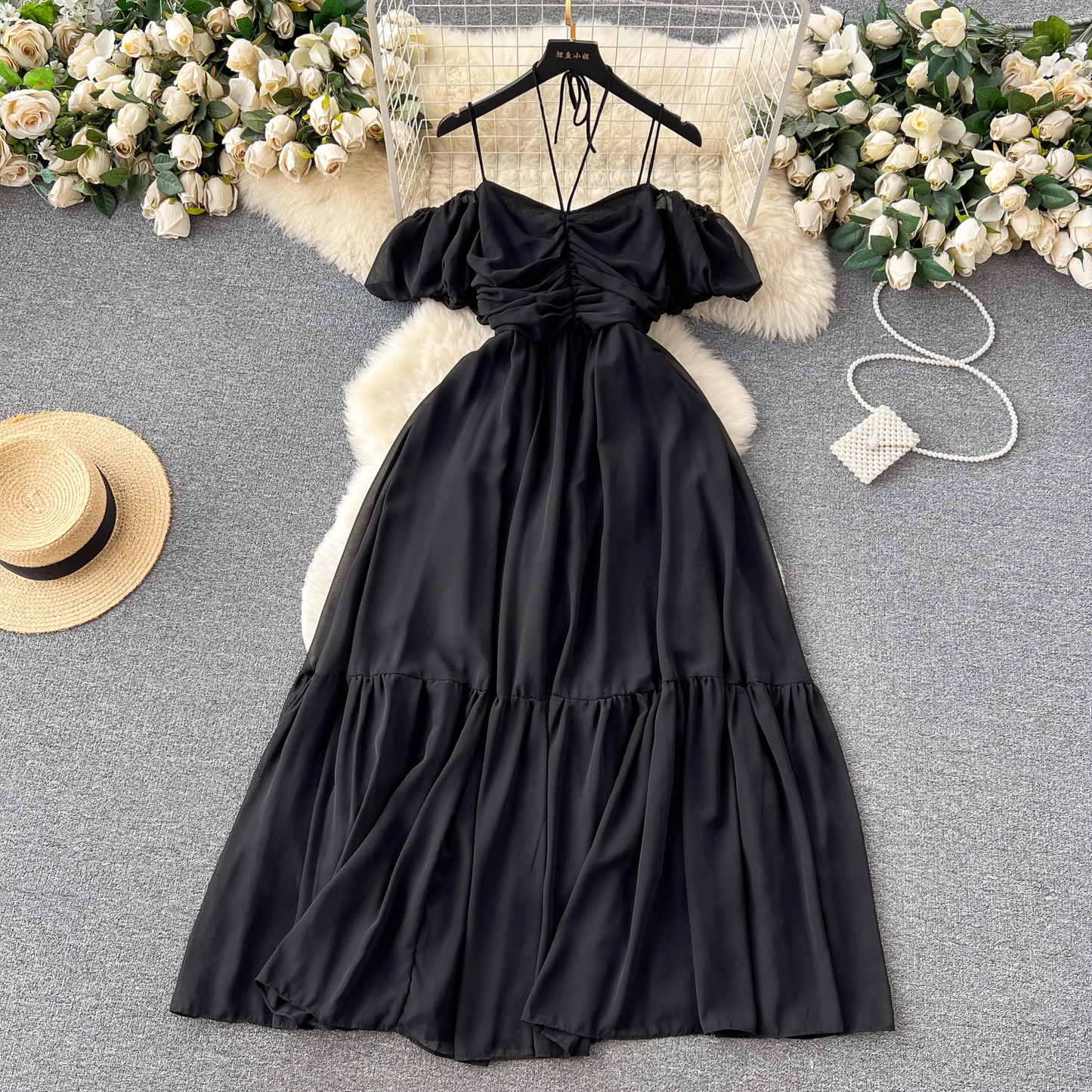 Women's summer strapless pleated dress with straps YM352